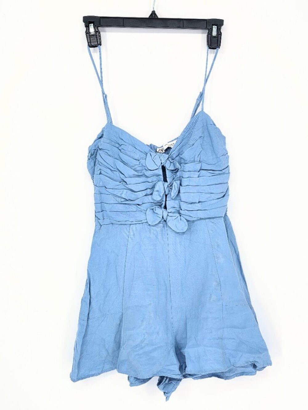 ZARA Sky Blue Rustic Bow Playsuit Linen Blend Romper Size M